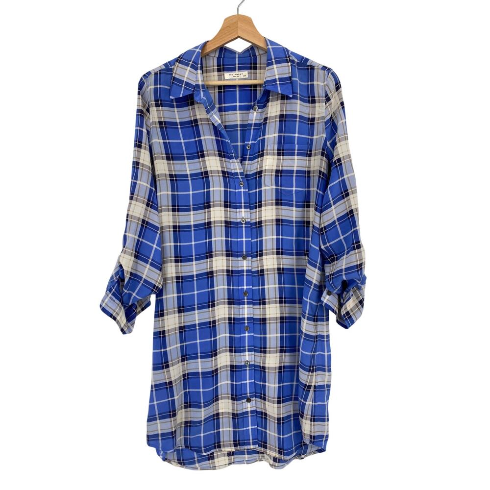 Equipment blue plaid silk button down shirt dress